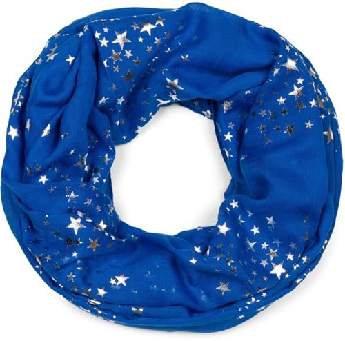 styleBREAKER Damen Loop Schal mit glitzerndem Metallic Sterne All Over Print Muster, Leichter Schlauchschal Einfarbig, Tuch 01016118, Farbe:Royalblau