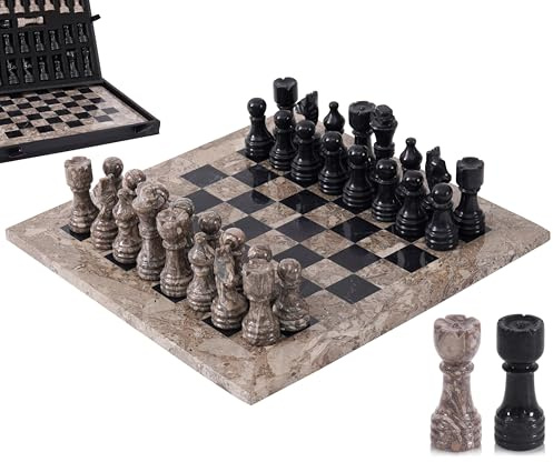 Marble Chess Set for Adults 12 Handmade Oceanic & Black Board Game with 32 Chess Pieces, 2 Extra Queens & Storage Box, Luxury Travel Game, Elegant for Home Decor
