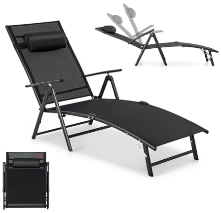 KOMFOTTEU Chaise Longue Pliant, Appui-tête, Dossier Réglable, Noir