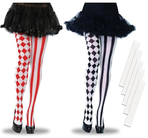 KUBDPQOR Collant Arlecchino, Calze a Righe Bianche e Nere, 2 Paia Di Calze Da Circo e 36 Patch Antiscivolo, Calze Da Donna Sopra Il Ginocchio, Collant Halloween Donna, Cosplay di Carnevale
