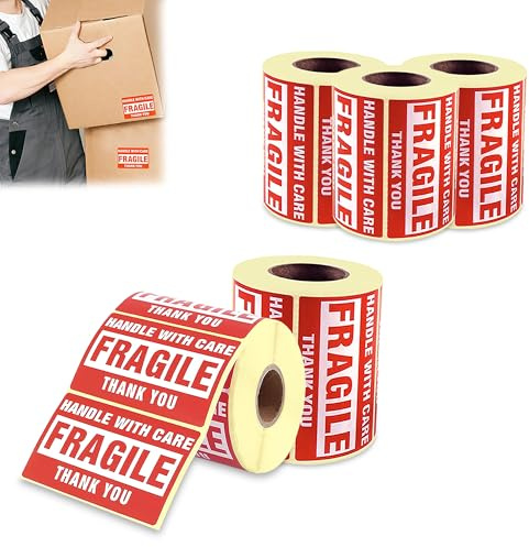 GLUN Rollo de pegatinas frágiles de 60 x 40 mm, calcomanías de advertencia de cuidado directo del papel térmico 1500 etiquetas, etiquetas adhesivas fuertes rojas frágiles con para envío, embalaje de
