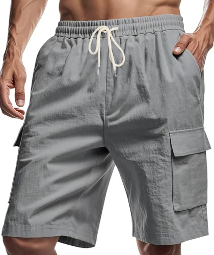 Misfuso Short Cargo Homme en Lin Léger Taille Élastique 4 Poches | Cordon de serrage, short bermuda homme,coupe ample