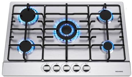 WEHIMO - Placa de cocina de Gas de 5 fuegos, 5 fuegos inox, cocina de gas con 5 quemadores, empotrable, rejilla de hierro fundido, Gas Natural/Propano