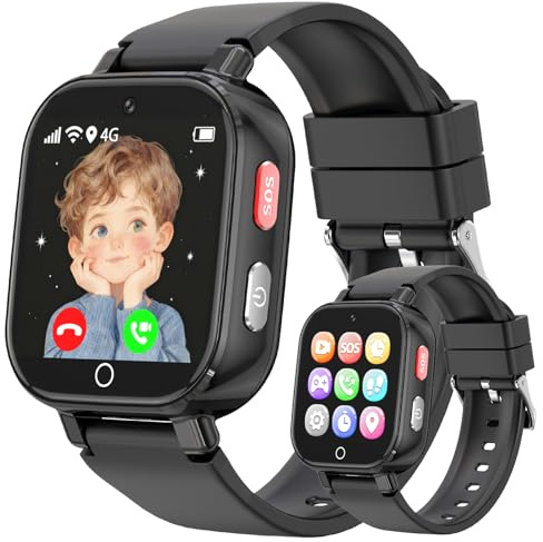Montre Connectée pour Enfant 4G, Montre Intelligente Enfants GPS Pour Fille Garçon avec SOS Chat Appel Vidéo Chronomètre Mode Classe Réveil Caméra Jeux, Smartwatch Téléphone Cadeau 4 à 12 Ans, Noir