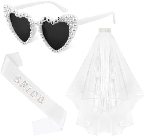 BAHABY Pearl Bride Sash + Veil + Heart Bride Sunglasses Set Bachelorette Party Decorations Bridal Shower Engagement Party Decorations