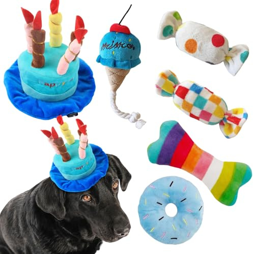 Birthday Squeaky Cake Dog Toy,6 Pack Blue Plush Set with Bone & Donut Designs,Interactive Puppy Gift for Small,Medium & Large Breeds,Indoor Outdoor Play for Gentle Chewers to Keep Your Pet Busy