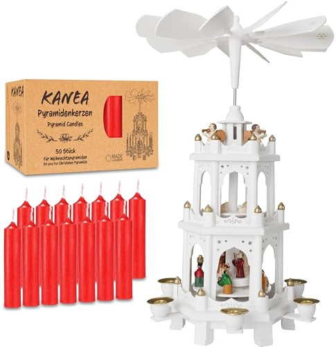Brubaker Piramide di Natale Bianca con Set di 50 Candele Rosse - Carosello Rotante a Tre Livelli con Figure in Legno Dipinte a Mano - 45 cm Decorazione Festiva - Finitura Naturale