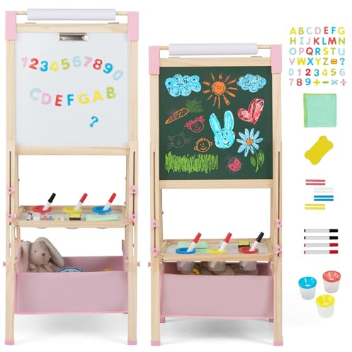 COSTWAY Cavalletto per Bambini Regolabile in Altezza in Legno, Cavalletto a Doppio Lato con Lavagna Magnetica e Bianca, con Scatola, Magneti con Lettere e Numeri, per Bambini 3-8 Anni (Rosa)