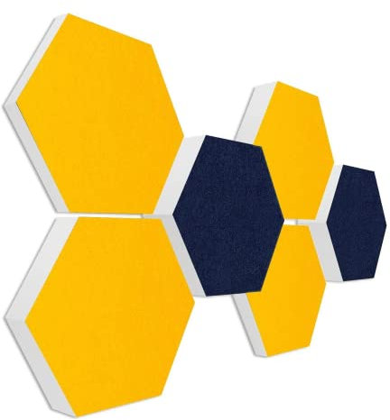platino24 Schallabsorber 3D Set Colore aus Basotect G+ mit Akustikfilz, 6 Absorberelemente Hexagon Ø300mm in Nachtblau + Sonnengelb, Akustikverbesserung