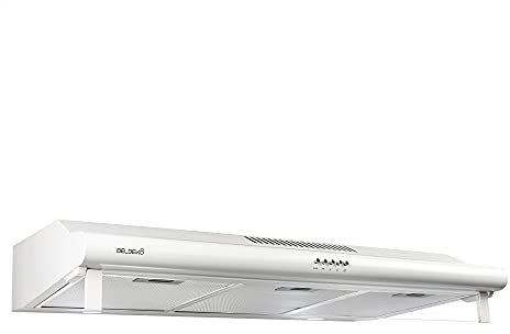 Hotte casquette visière BELDEKO GRETA 90 cm – Blanc – Double moteurs 200 W – Débit jusqu’à 420 m³/h – 3 vitesses – Évacuation ou recyclage – Marque française