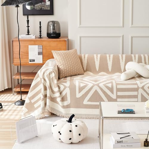 Boho Couch Covers, Dog Sofa Cover Washable, Soft Couch Covers for 2 Cushion Couch Sofa, Reversible Khaki Beige Checkered Triangle Jacquard Furniture Protector Loveseat Cover with Tassel, 71''x118''