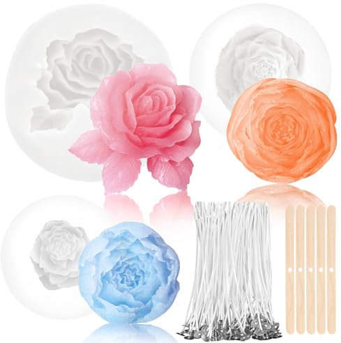 RUIJIE 3 Stück Kerzenform Silikon, 3D DIY Silikonform Kerzen Gießen Formen, Kerzenformen zum Gießen, Kerzen Formen Silikon, Blumen Bubble Kerzengießformen mit 100 Kerzendocht & 5 Dochthalter