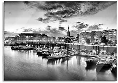 Pixxprint Glasbild, Wandbild aus Echtglas, Hamburger Hafen am Abend, 100x70 cm, inkl. Aufhängung und Abstandshalter