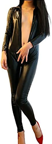 Body De Piel Sintética Para Mujer, Mono De Charol, Mono Con Cremallera En La Entrepierna, Ropa De Discoteca Sexy Brillante Con Efecto Mojado,Negro,Grande