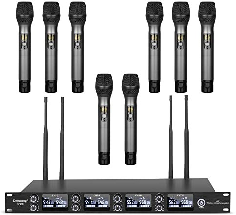 Depusheng DF208 UHF kabellos Funkmikrofon Set 8 Kanal professionelles dynamisches Handmikrofonsystem Metallgehäuse automatische Frequenzkopplung geeignet für Bühne Konferenz Hochzeit Bar