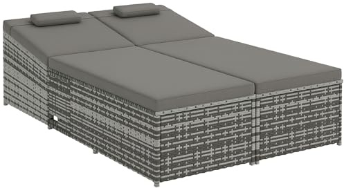 Outsunny Double Rattan Sun Lounger, Garden Daybed with 5-Level Adjustable Backrest and Flip Side Trays, Wicker Outdoor Furniture Recliner with Cushions and Pillows for Patio, Grey