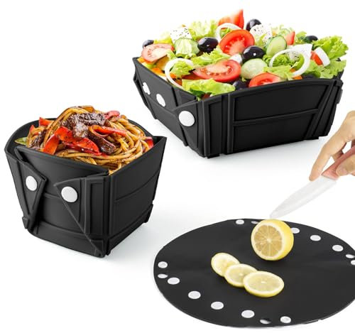 Camping Faltbare Schüssel, 3-in-1 Silikon Faltschüssel Campingschüssel Platte Teller, Tragbare Frischhaltedosen Salatschüssel für Outdoor Camping Picknick Wandern, Aufbewahrungsboxen, Schwarz