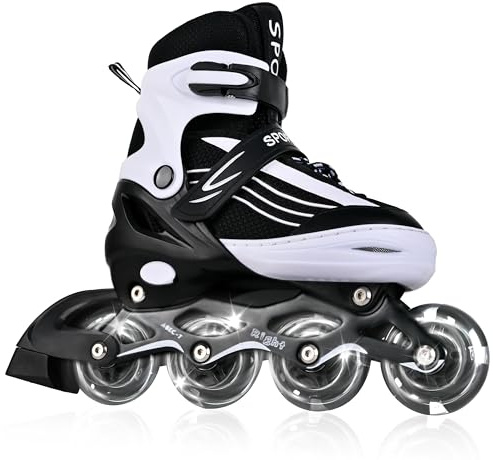 MGYZM Patins en ligne pour enfants, patins en ligne ajustables en taille pour enfants, adultes, filles et garçons, patins en ligne pour l'intérieur et l'extérieur, noir et blanc (Small)
