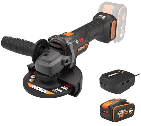 Worx Akku-Winkelschleifer, 20 V, 125 mm, WX814, Leistung entspricht 1000 W, 50% schnelleres Schneiden, kompaktes Design, 4,0 Ah Akku und 2 A Schnellladegerät im Lieferumfang enthalten