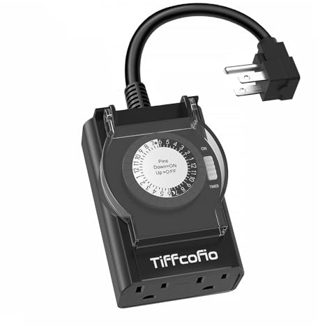 TiFFCOFiO Outdoor Timer Outlet Waterproof, 24 Hour Mechanical Light Timer Outdoor, 2 Grounded Outlets for Home and Garden, 15A 1/2HP, Heavy Duty, ETL Listed (1 Pack)