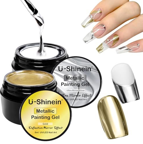 U-Shinein Metallic Painting Gel Kit - 2PCS Strong Reflection Nail Art Paint, Ultra-bright Silver + Golden