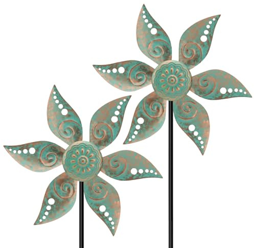 Jusimux 2 Pack Wind Spinners Outdoor Clearance Metal Vintage Green,Wind Sculpture Small Iron Windmill is Decorative Garden Stakes for Patio Lawn Outdoor Yard Lawn Garden Decor