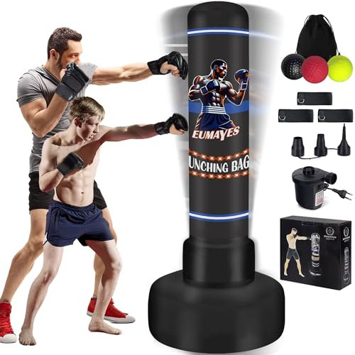 Boxsack Stehend Erwachsene Jugendliche, 180CM Freistehender Aufblasbare Standboxsack, Boxsack mit Ständer und Boxen Reflexball & Luftpump, Kickboxsack für Fitness Training Muay Thai Taekwondo