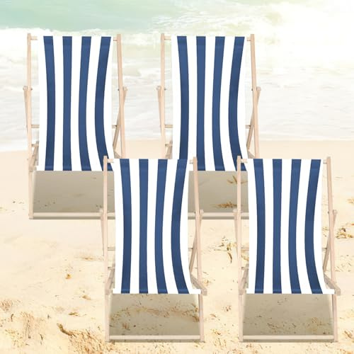Ollewiellan Set di 4 sedie a sdraio pieghevoli in legno, sedia da spiaggia, fino a 120 kg, sdraio pieghevole resistente, giardino, spiaggia, campeggio e compagni di viaggio (strisce blu e bianco)
