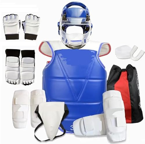 Traje de protección de taekwondo para adultos y niños, kit de artes marciales, juego de espinilleras, guantes de cabeza y boca, protector deportivo combinado para niños (azul, 110-130 cm)