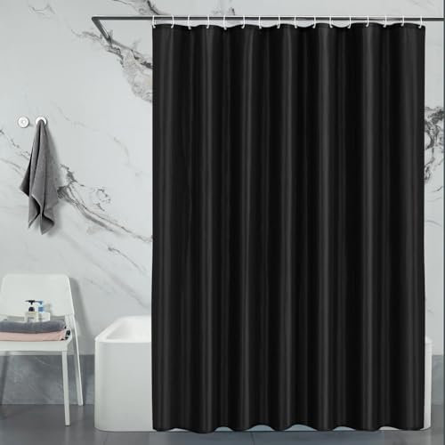 LUKDUNG cortina de baño de poliéster textil, cortina de ducha antimoho, tela impermeable lavable, 16 ganchos, color negro