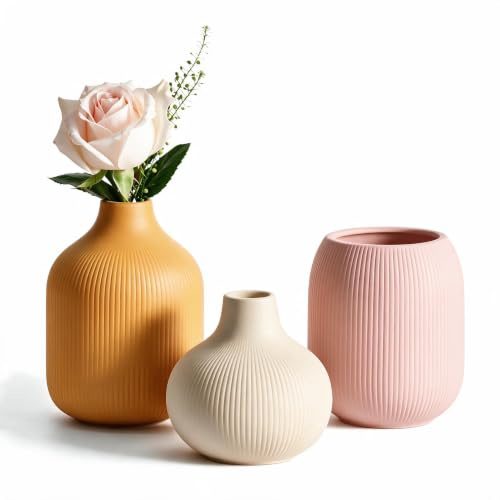 Dnnnii Modern Colorful Ceramic Vase Set of 3, Ribbed Texture Minimalist Home Decor, Small Decorative Vases for Centerpiece, Shelf, Tabletop - Aesthetic Touch for Neutral & Transitional Spaces