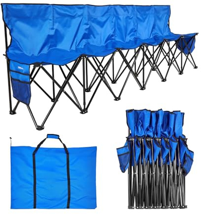 VEVOR Banc Pliant Portable à 6 Places, Banc de Camping Pliable avec Poches de Rangement et Sac de Transport, siège latéral léger avec Dossier pour Football, Baseball et événements en Plein air, Bleu