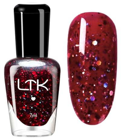 Glitter Nail Polish - Dark Red Nail Polish - Quick Dry Burgundy nail polish No UV Lamp Needed - Long Lasting Holographic Nail Varnish - Shimmer Wine Red Nail Varnish For Women Christmas New Year DIY