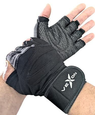VEXON Guantes Gimnasio Hombre – Guantes de Gimnasio Antideslizantes y Transpirables para Pesas, Fitness y Musculación – Guantes para Entrenamiento en Gym y Levantamiento de Pesas. Negro-M