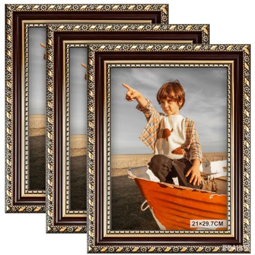 3 PCS A4 Vintage Picture Frame Set - Retro Ornate Gold Photo Frame, Baroque Style Picture Frames for 21×29.7cm Tabletop or Wall Hanging, Horizontal or Vertical Use for Photos Home Office Decor