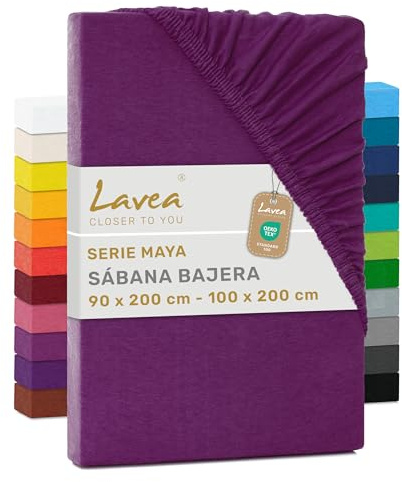 Lavea® Spannbettlaken 90x200cm - 100x200cm Maya Jersey, Bettlaken aus 100% Baumwolle, mit Rundumgummi für Matratzen bis 20 cm, atmungsaktiv, pflegeleicht, formstabil, Spannbetttücher, Fliederlila