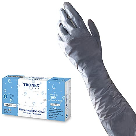 TRONEX 2800 PE Disposable Gloves, 18 Elbow Length Disposbale Gloves, Food Safe, Cleaning, Embossed Texture, Secure Grip, Powder Free, Latex Free, Gray, Large, Box of 100