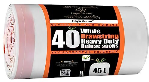 HayaHome 45L Liter 40 Drawstring Swing Bin Liner Lavender Scented Bin Bags Heavy Duty Bin Liners White Plastic Refuse Sacks tie top handle large Waste Dustbin Bags for Kitchen Home Office DIY Garden