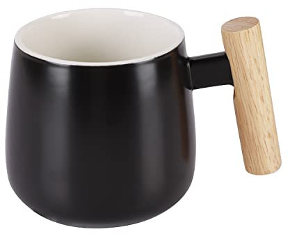 Qchomee Tasse en Céramique Noire de 500ml avec Poignée en Bois, Réutilisable, Durable, Ronde, Classique, Pour Maison et Bureau