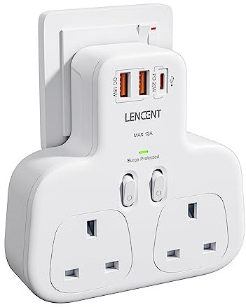 LENCENT Double Plug Adaptor With 3 USB Slots, Multi Plug Extension, 2 Way Plug Adapter with PD 20W Type-C & 2 USB-A QC 3.0, UK Surge Protected Plug Extender Socket for Home, Kitchen, Office, 13A 3250W