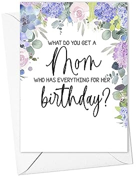 Pregnancy Announcement Card for Mother, Grandma Baby Reveal Card - What do You get a Mom who has Everything for her Birthday (Lilac Mom Birthday)