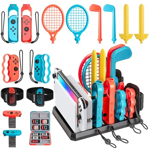 16-i-1 Switch Sportaccessoarer för Nintendo Switch/OLED – Kompatibel med Just Dance 2022-2026, Mario Golf/Tennis, med JoyCon Grepp/Tennisracket/Golfklubba, Familjefestset