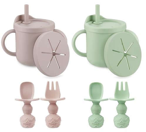 PandaEar 2 Stück Silikon Trinkbecher mit Strohhalm und Snack Becher Deckel, 4 Babylöffel und Gabel, Auslaufsicher Baby Trinklernbecher ab 6 Monate, Kinderbecher Schnabeltasse (Weiß Blau)