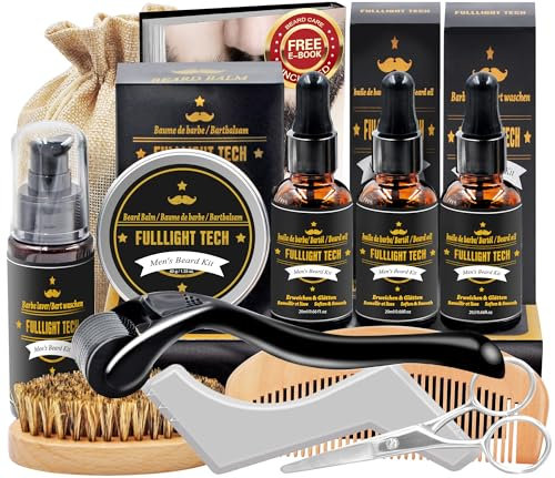 Cadeau Noel Homme,Kit De Coffret Soin Barbe Homme Complet Produit avec Shampoing,Huile Barbe,Peigne,Brosse,Ciseaux,Baume a Barbe,Kit Entretien et Soin pour Homme Original,Idée Cadeau Frere Papa