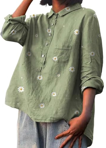 MJGkhiy Camicia Lino Donna Estiva Manica Lunga Floreale Camicetta Mare Magliette Elegante Taglie Forti Cotone Maglietta Leggera Scollo A V con Bottoni Bluse Top Oversize Vintage Curvy Camice Blusa