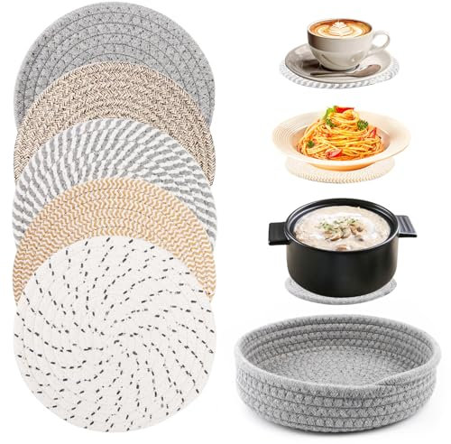 5 Stück Topfuntersetzer Set 20 cm Rund Untersetzer Topf aus Baumwolle, wasserdichte und Verbrühungssichere Topf untersetzer für Pfannen, Kochtöpfe, Vasen