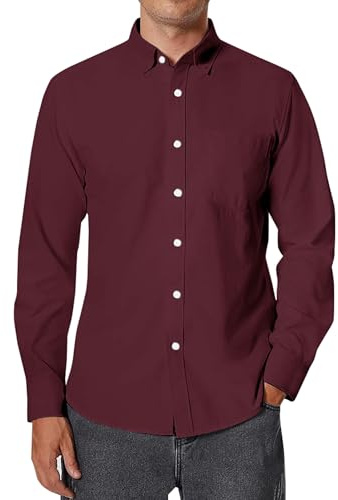 siliteelon Mens Burgundy Oxford Shirt Long Sleeve Casual Mens Fashion Button Down Dress Shirts for Formal Business 4XL