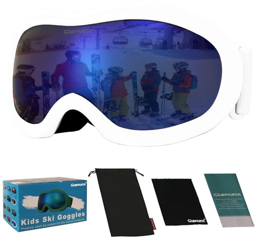 OUTDOORSPARTA Gafas de esquí para niños, casco de snowboard, compatibles con niños y niñas, edad 3-12, con protección UV 100% (9. Marco Blanco, Espejo Azul De Lente Completa)