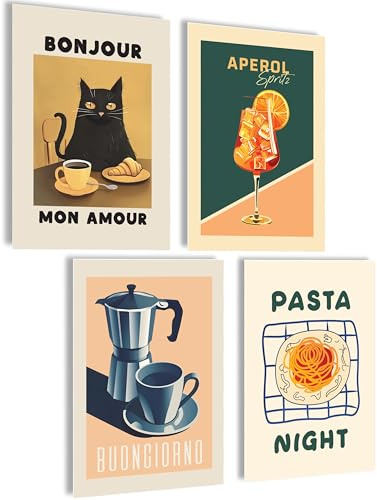 mojoliving Póster de café con imágenes de café para la cocina, póster estético, decoración de cocina, vintage, salón, cocina, pasta, noche, 4 x A4, sin marco)