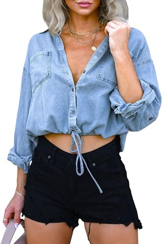 Camisa vaquera corta para mujer, manga 3/4 enrollable, informal, holgada, con cordón ajustable en la parte delantera, chaqueta vaquera con b